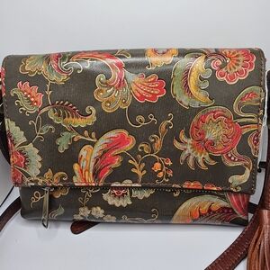 Patricia Nash Corfu Olive Green Floral Paisley Leather Crossbody Bag W/ Tassel